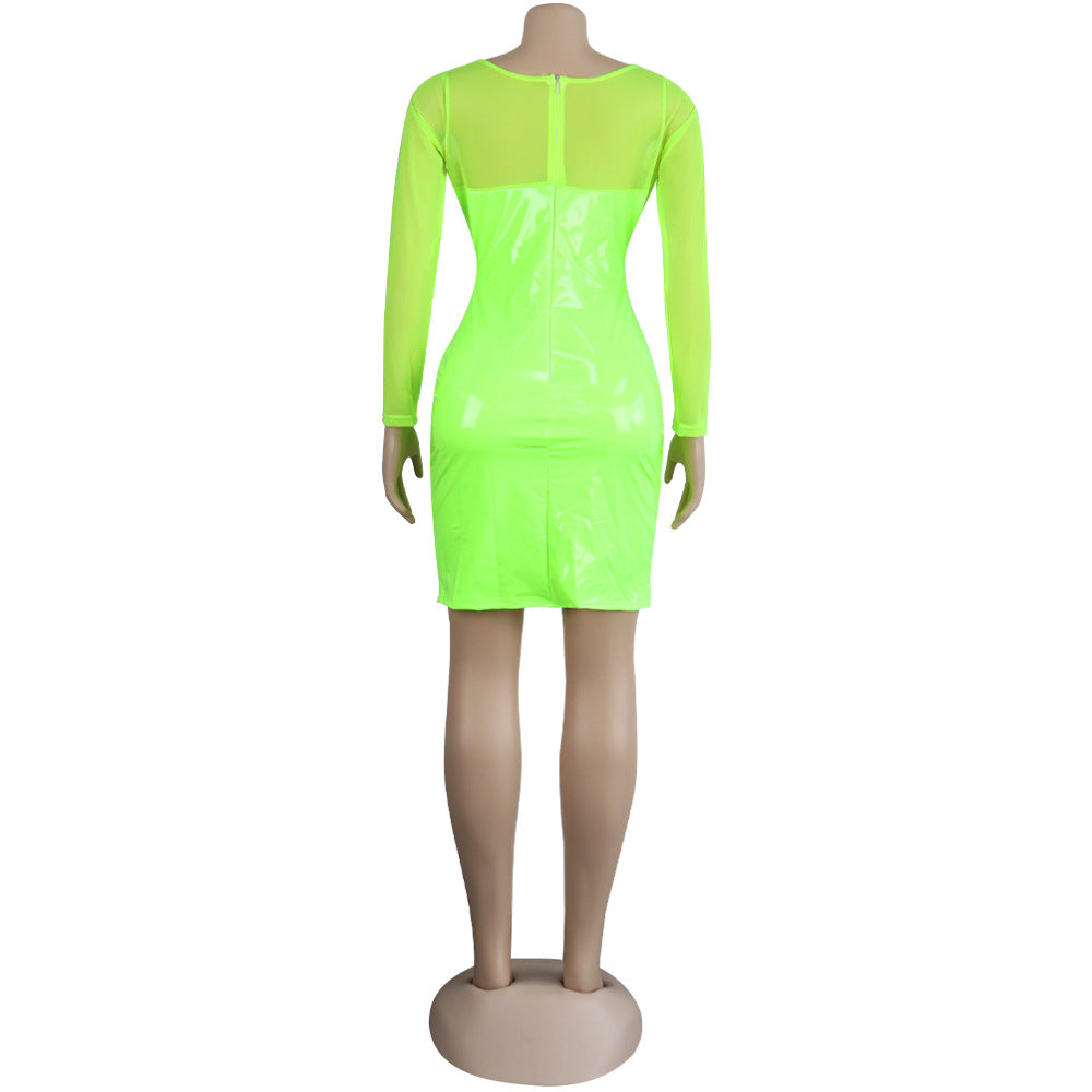 Sexy Women's Solid Color Mesh Leather Patchwork Hollow Long Sleeve Party Dress 14