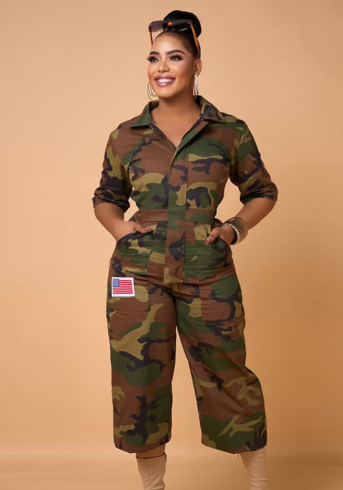 Women Camouflage Print Pocket Turndown Collar Jumpsuit