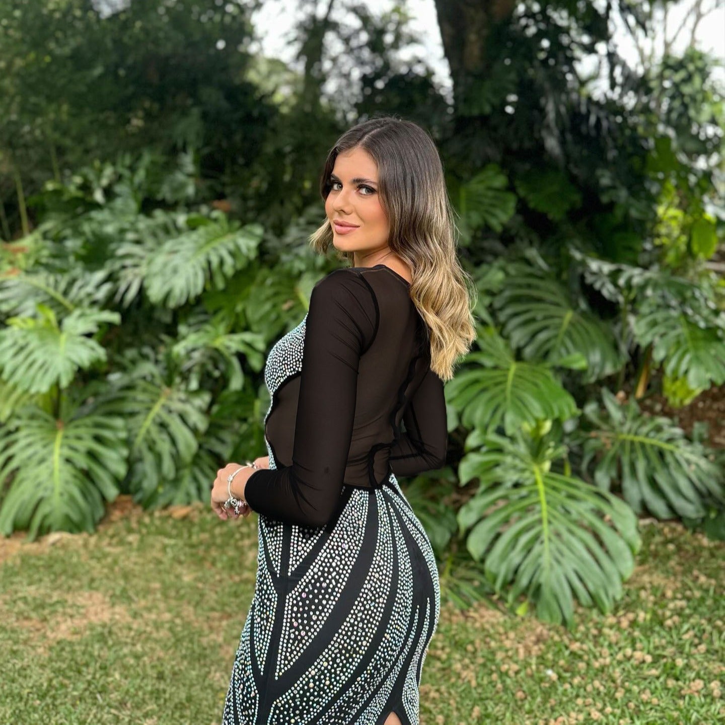 Women Beaded See-Through Patchwork Bodycon Elastic slit dress 5