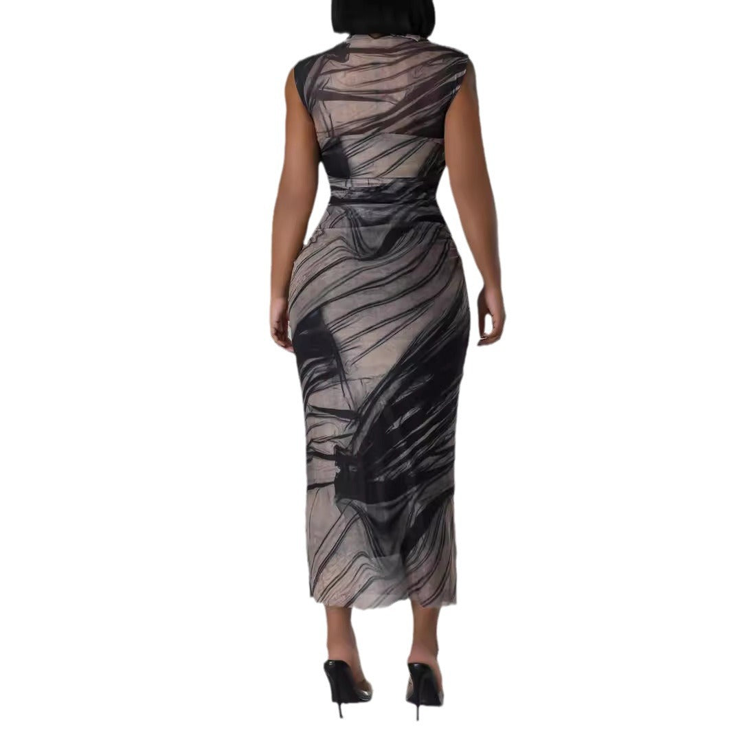 Women mesh elegant sleeveless printed dress 6