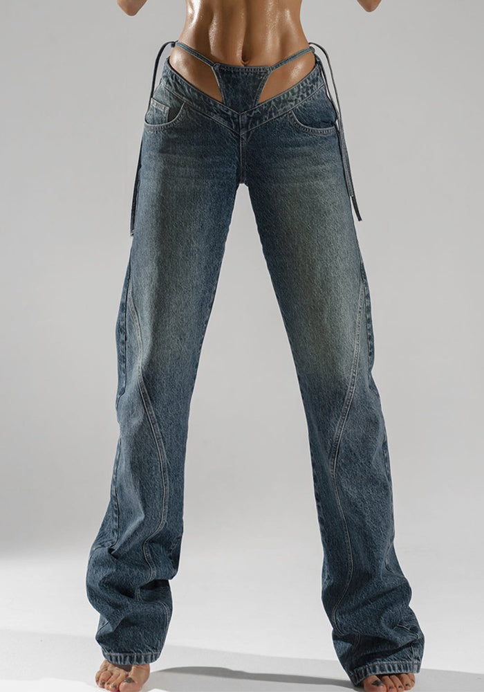 Women irregular patchwork panties fake two-piece Casual Denim trousers