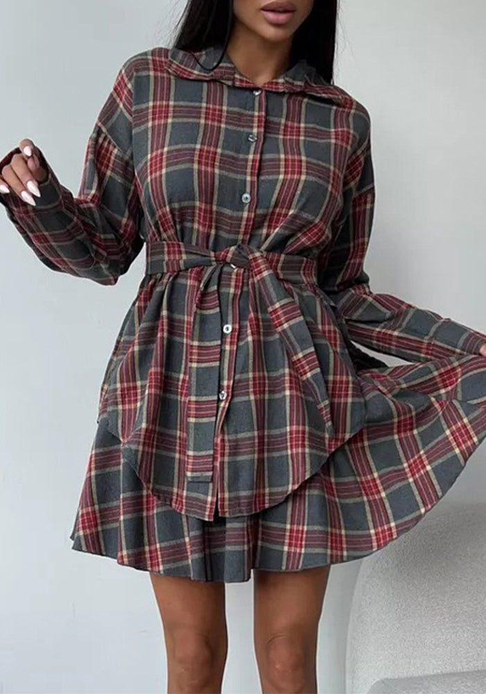 Women's Casual Plaid Turndown Collar Shirt Skirt Set