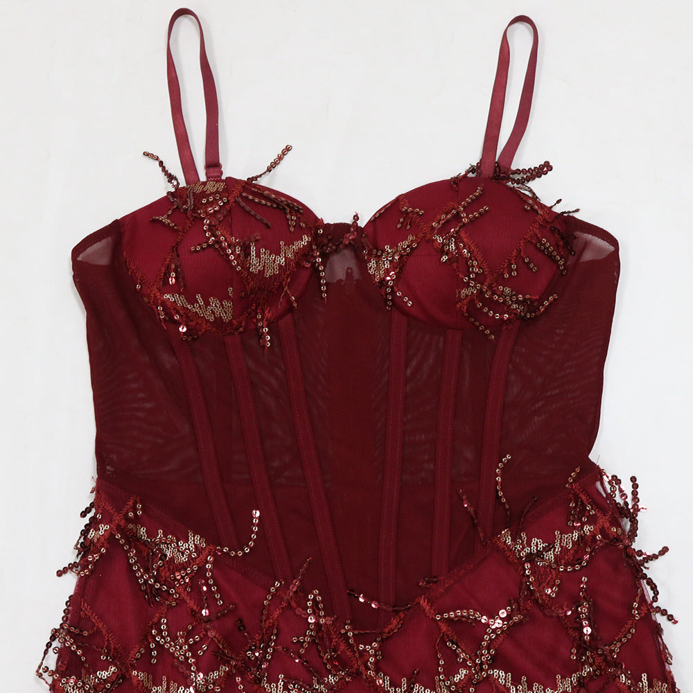 Women Sequin Party Suspenders Bodycon Maxi Dress 22