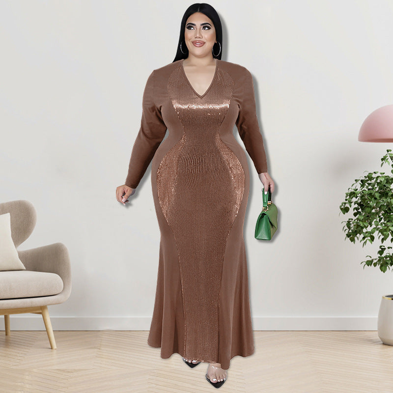Plus Size Women Long Sleeve Sequin Maxi Dress 7