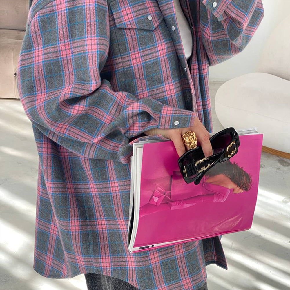 Autumn retro style Turndown Collar loose shirt plaid long-sleeved women's blouse 5