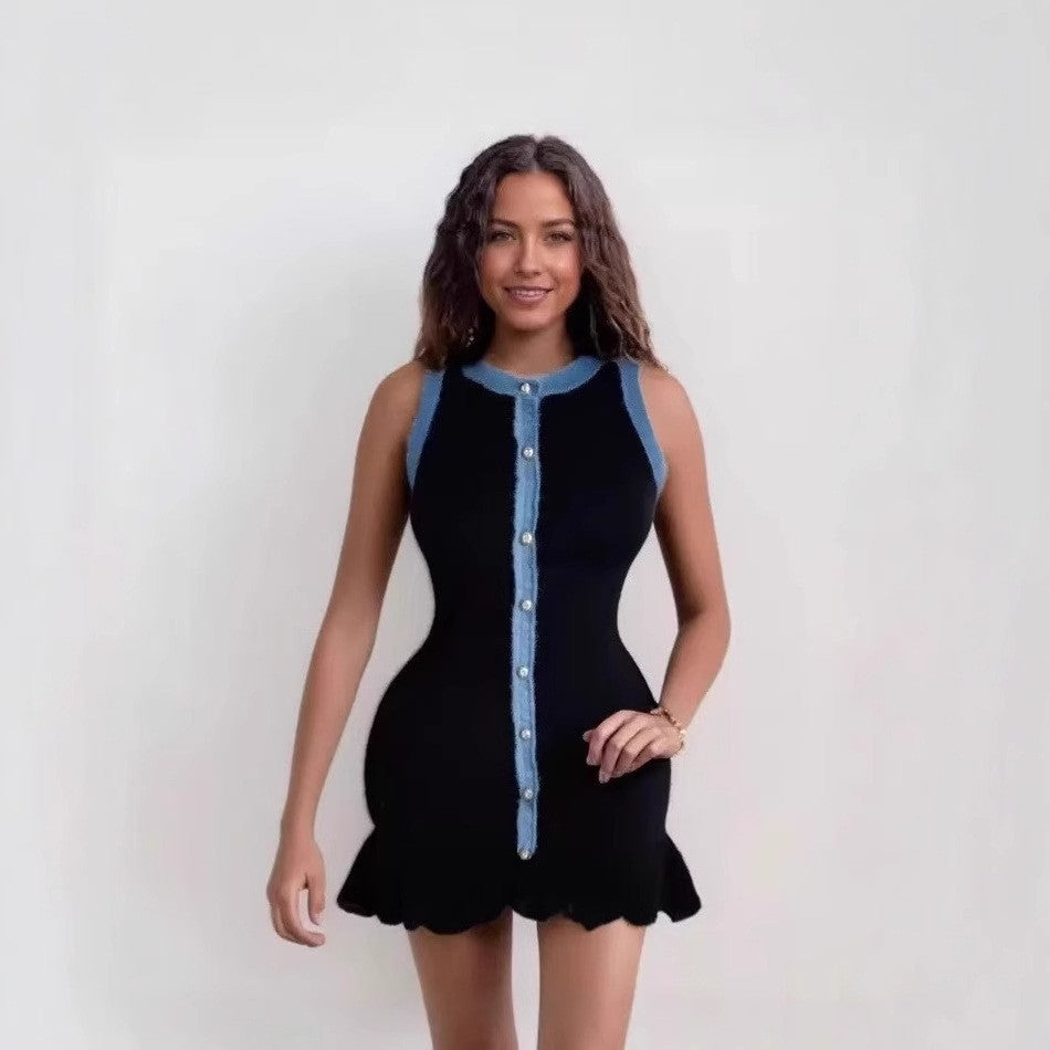 Women's Denim Trim Knit Short Sleeve Sleeveless Dress 3