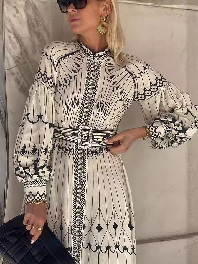 Women Elegant Long Sleeve Belt Button Printed Dress