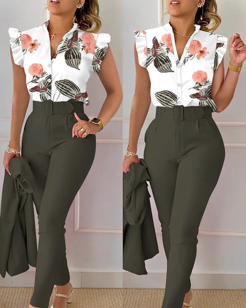 Stylish Printed Ruffle Sleeve Top Solid Color Pants Two Piece Set With Belt