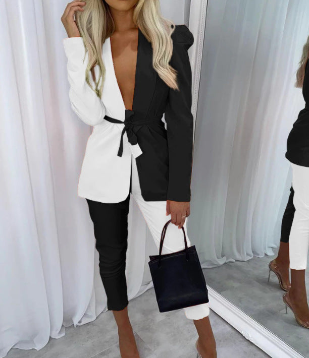 Autumn winter women's fashion Casual contrast color blazer pants two piece suits 4