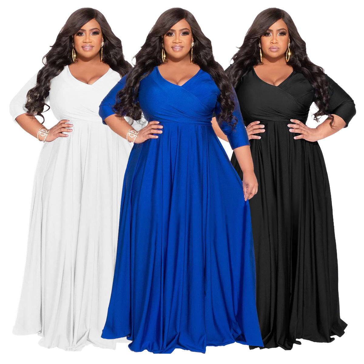 Plus Size Women's Solid Color V-Neck Sexy Wedding Long Dress 20
