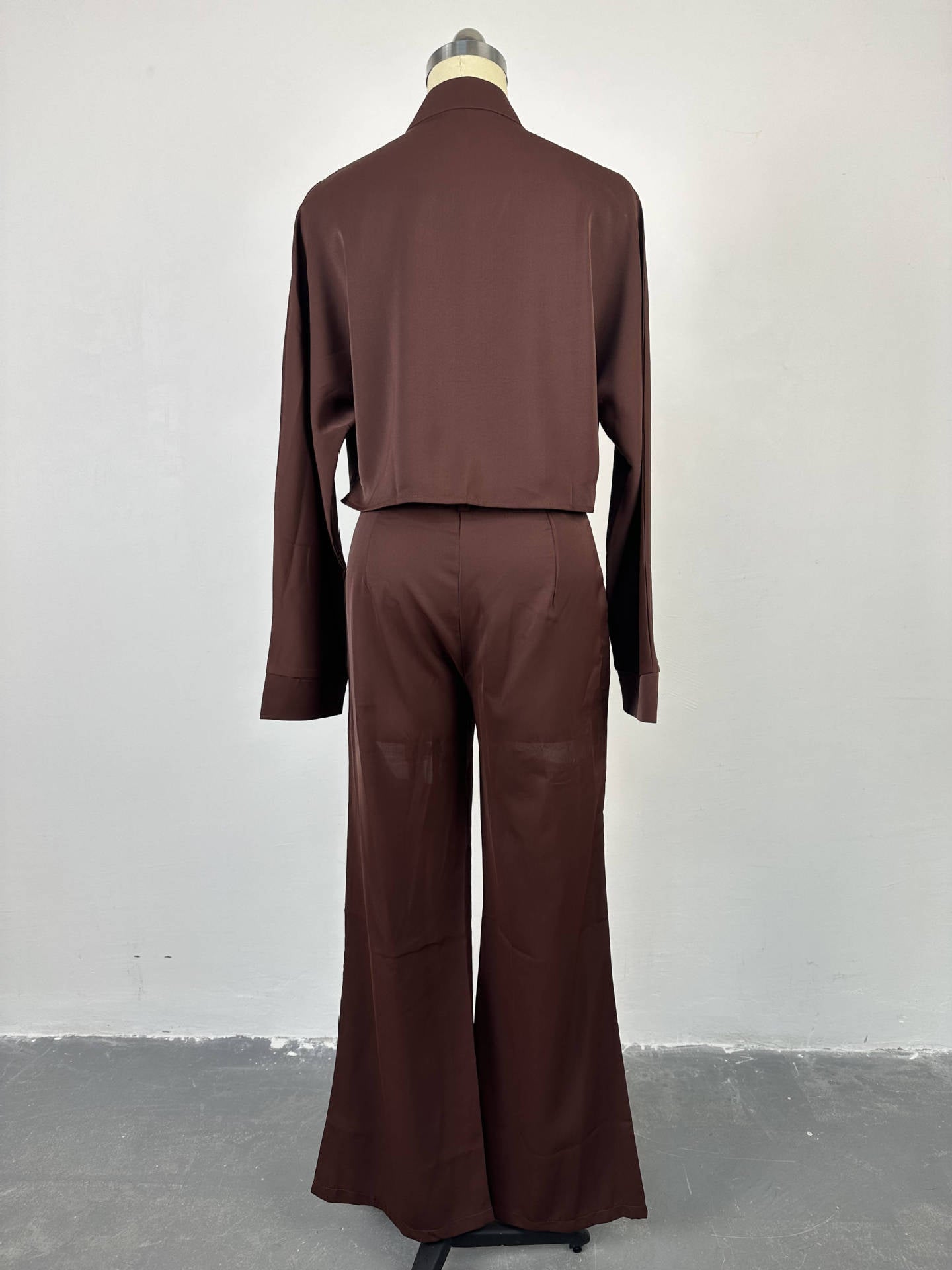 Women Autumn Solid Turndown Collar long-sleeved shirt and wide-leg Pant Casual two-piece set 14