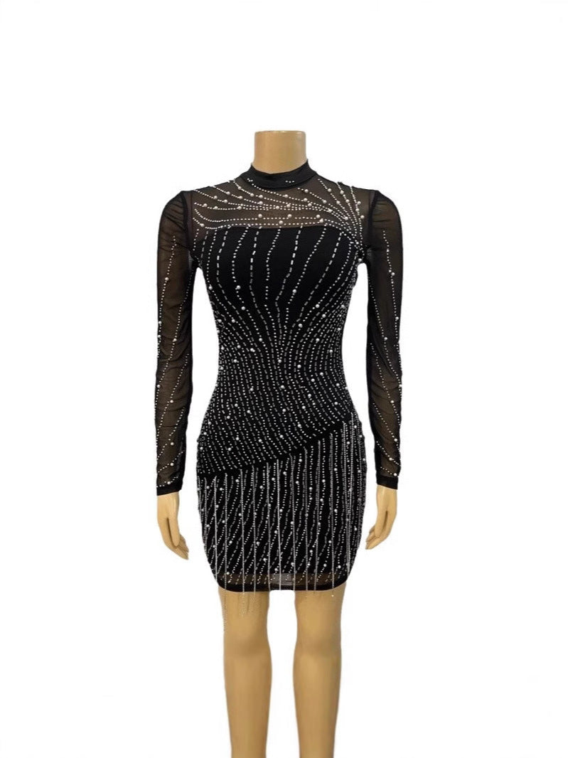 Women sexy mesh beaded suspenders formal party tassel dress