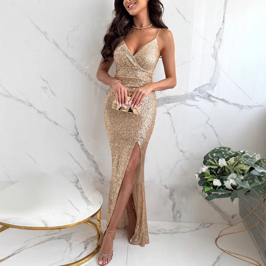 Women Sexy Suspender V-Neck Sequin Party Open Dress 4