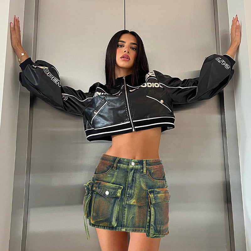 Women's Tie Dye Distressed Patchwork Irregular Pocket High Waist Zipper Slim Denim Skirt 6