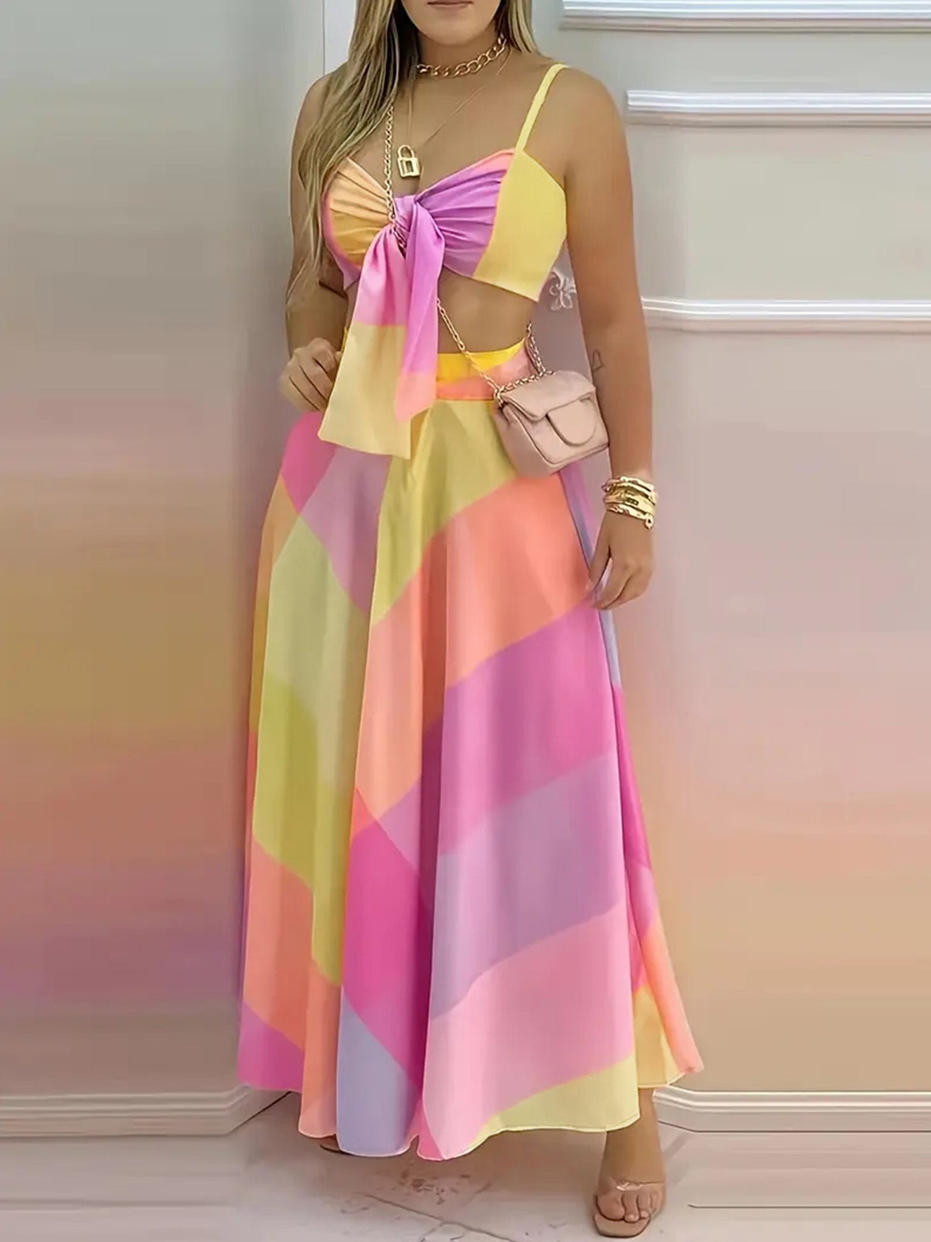 Sexy strap lace-up geometric print zippered skirt and crop top beach set 4