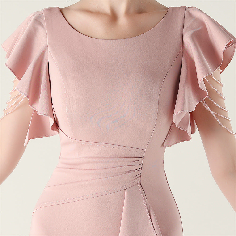 Women beaded tube V neck ruffle draped bead chain bead formal party evening dress 17