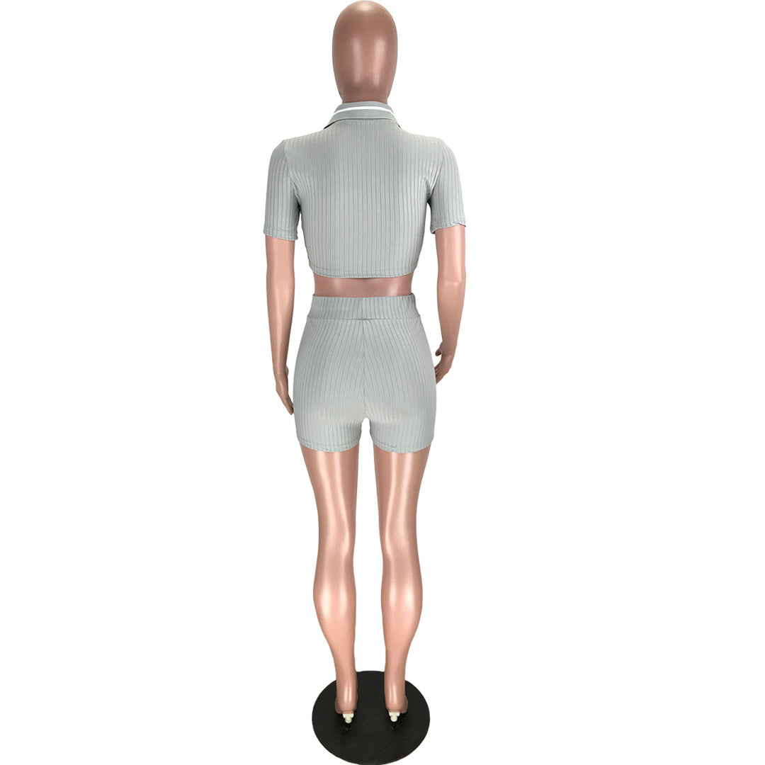 Women's Sports Casual Cropped Top Shorts Solid Color Two-piece Set 19