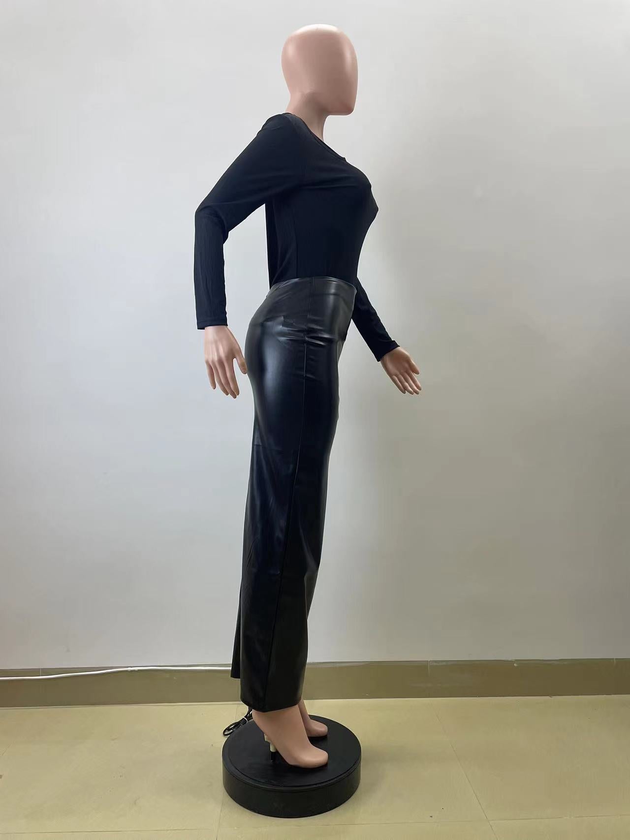 Women Autumn and Winter Black Bodycon Zipper Pu-Leather Skirt 11