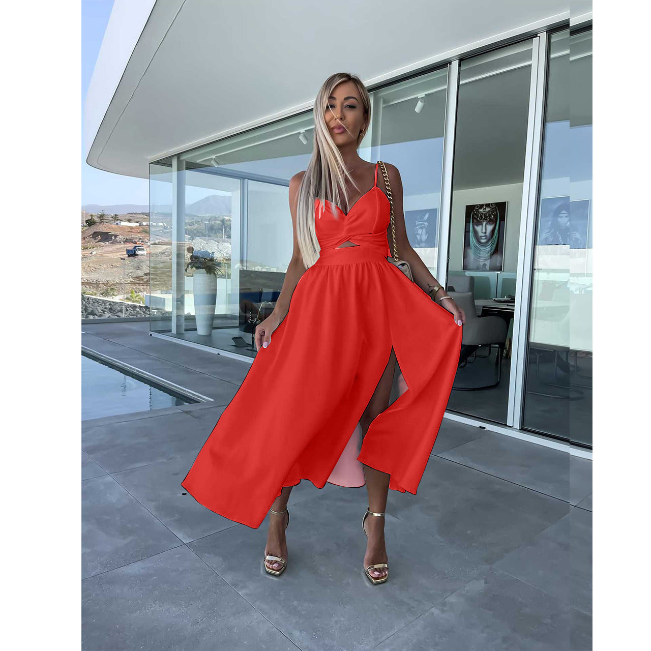 Women Summer V Neck Hollow Slit Suspender Dress 54