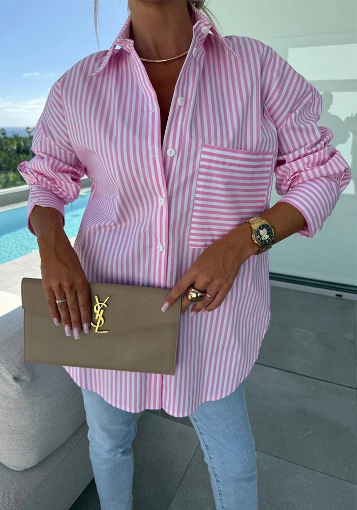 Women Pocket Stripe Long Sleeve Shirt