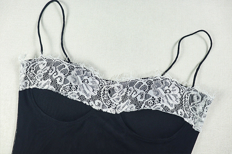 Women Elegant Patchwork Backless Bodycon Pleated Contrast Color Suspender Dress 6