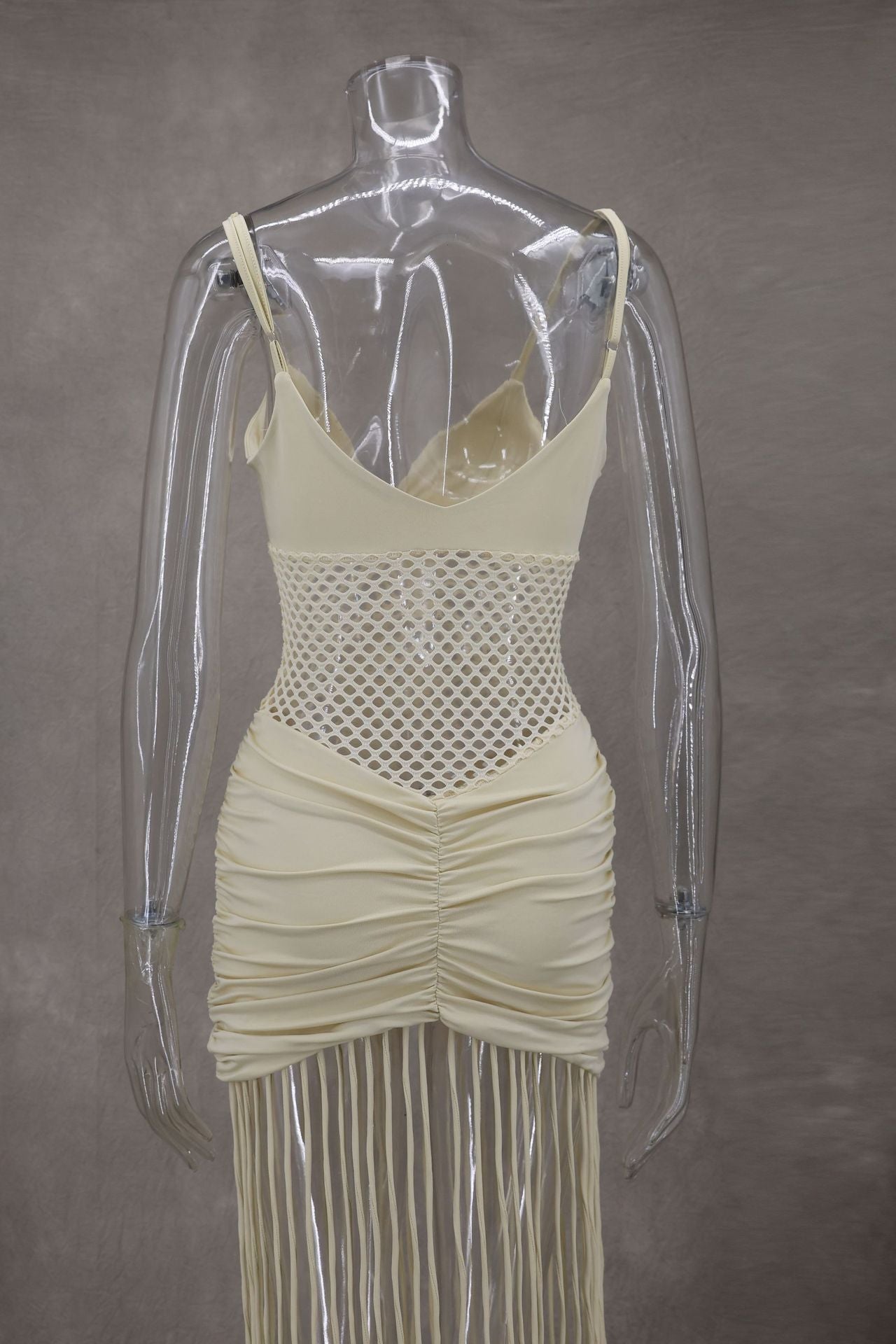 Women Spring and Summer Strap Mesh Sexy Pleated Bodycon Tassel Dress 14