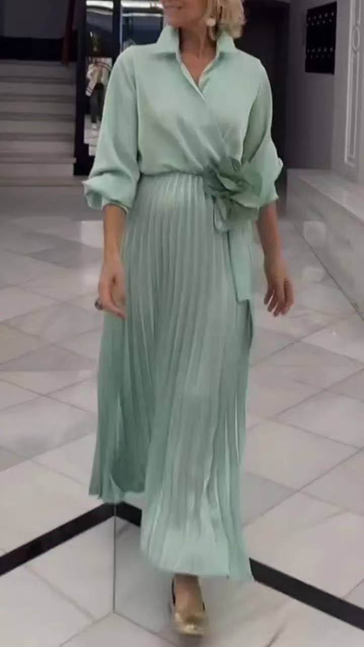 Spring Women's V-Neck Plus-Size Solid Color Belted pleated Dress 4