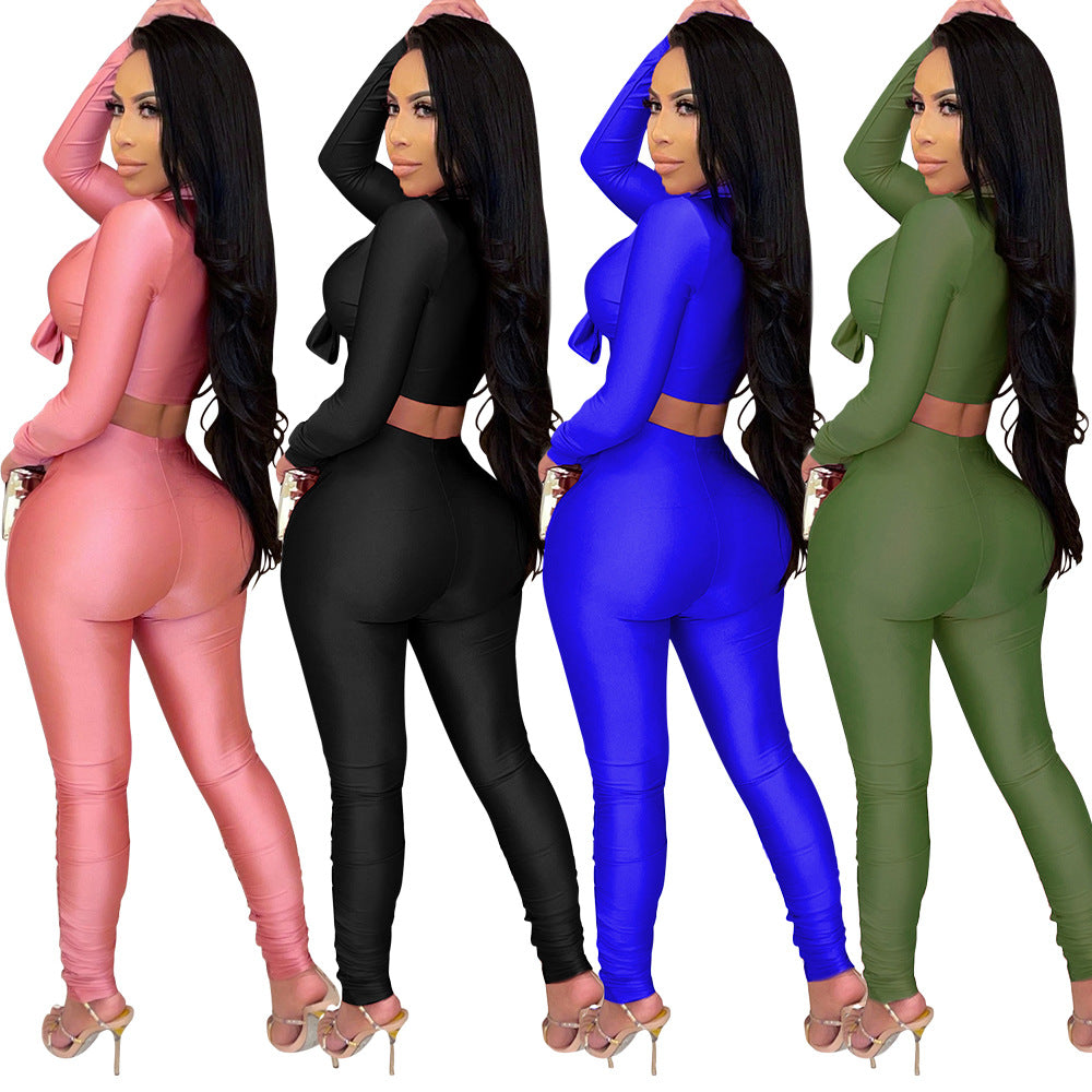Fashion Casual Tight Fitting Two Piece Bow Long Sleeve Blouse Pants Two Piece Set 6