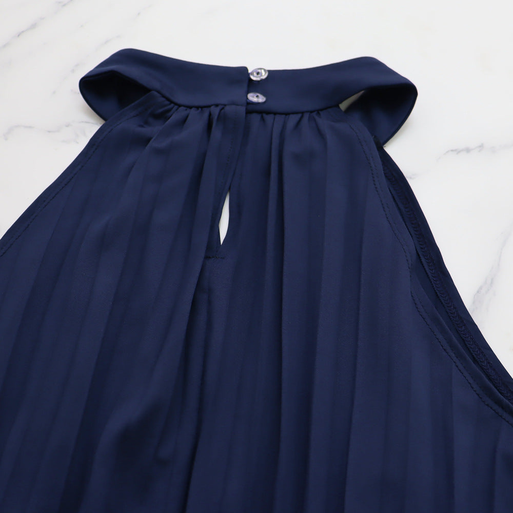 Women Casual Sleeveless Clipped Pleated Halter Neck Dress 21