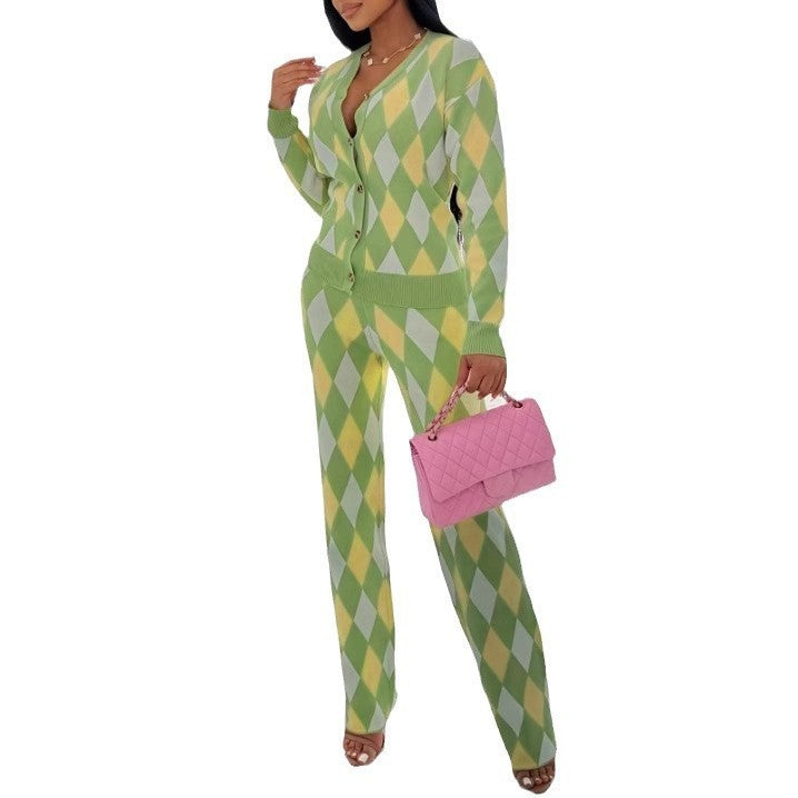 Women Contrast Knitting Top and Pant Two Piece Set