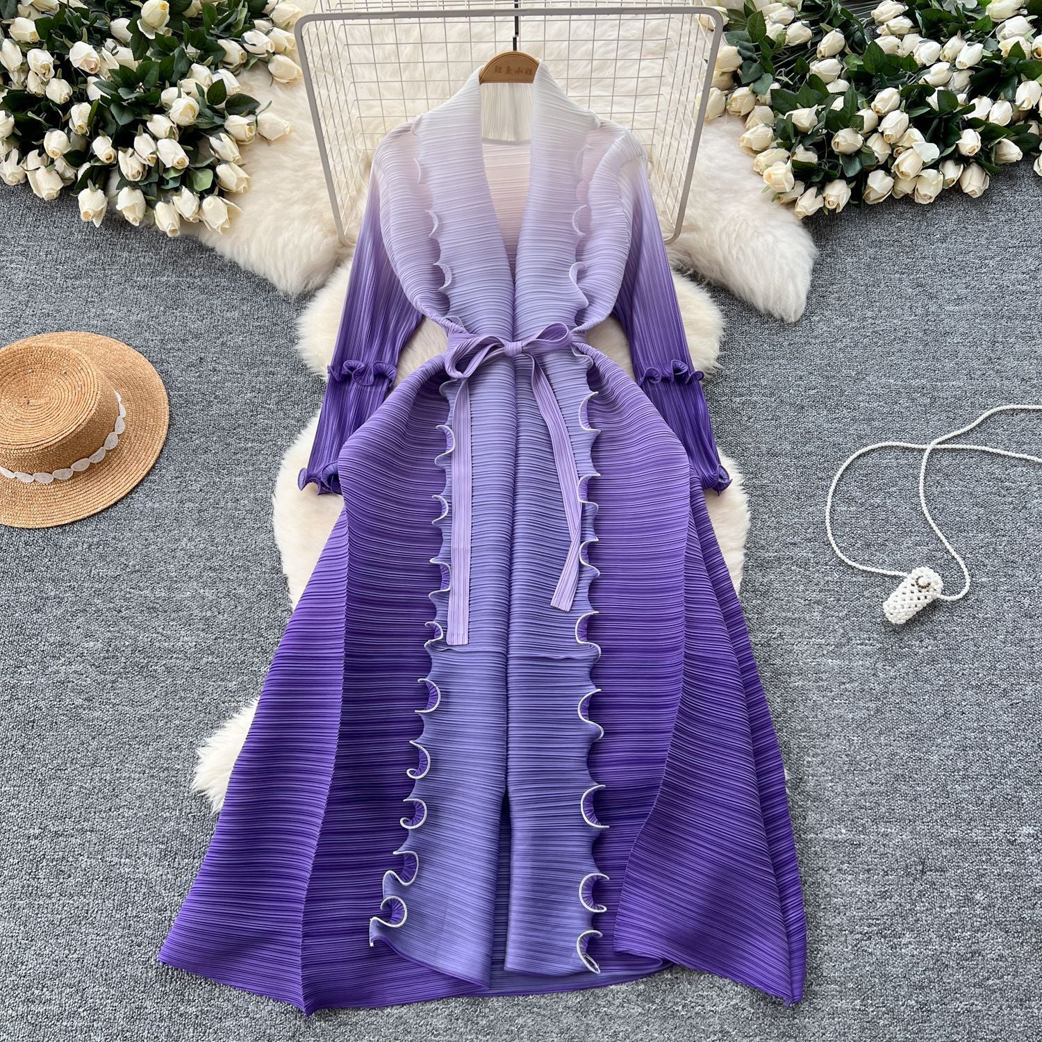 Women Lace-Up Ruffle Edge Pleated Dress 11