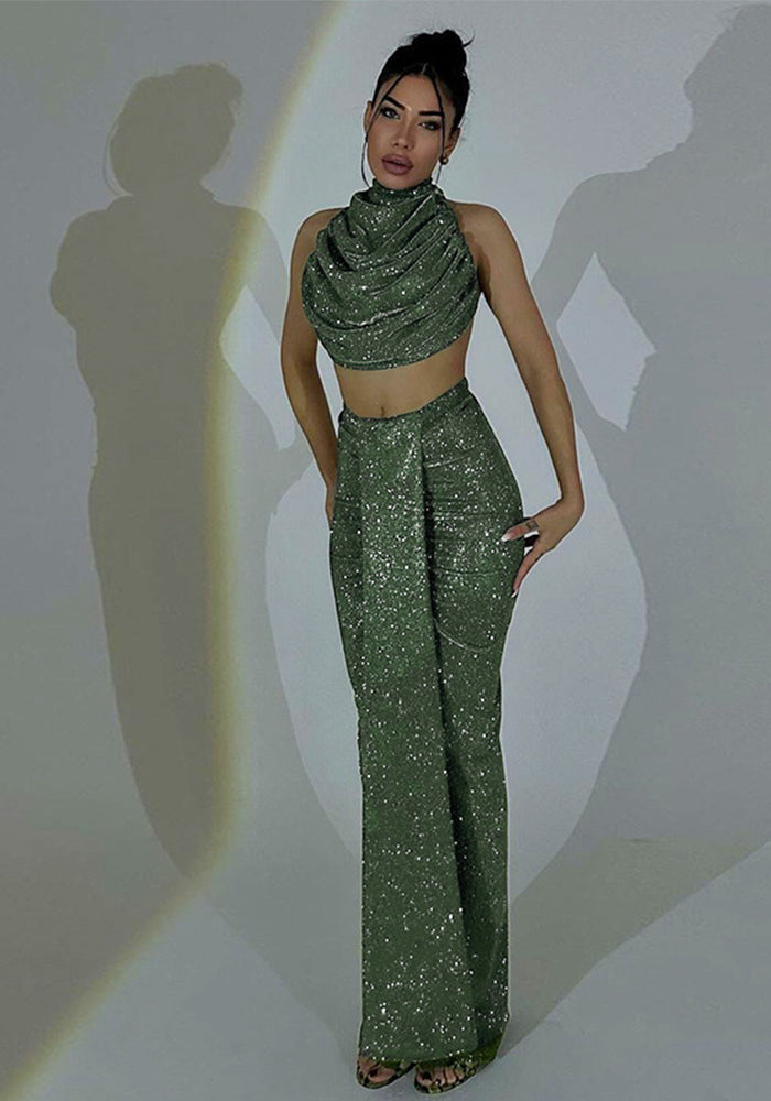 Sexy Halter Backless Top High Waist Bodycon Long Skirt Fashion Women Two Piece Set