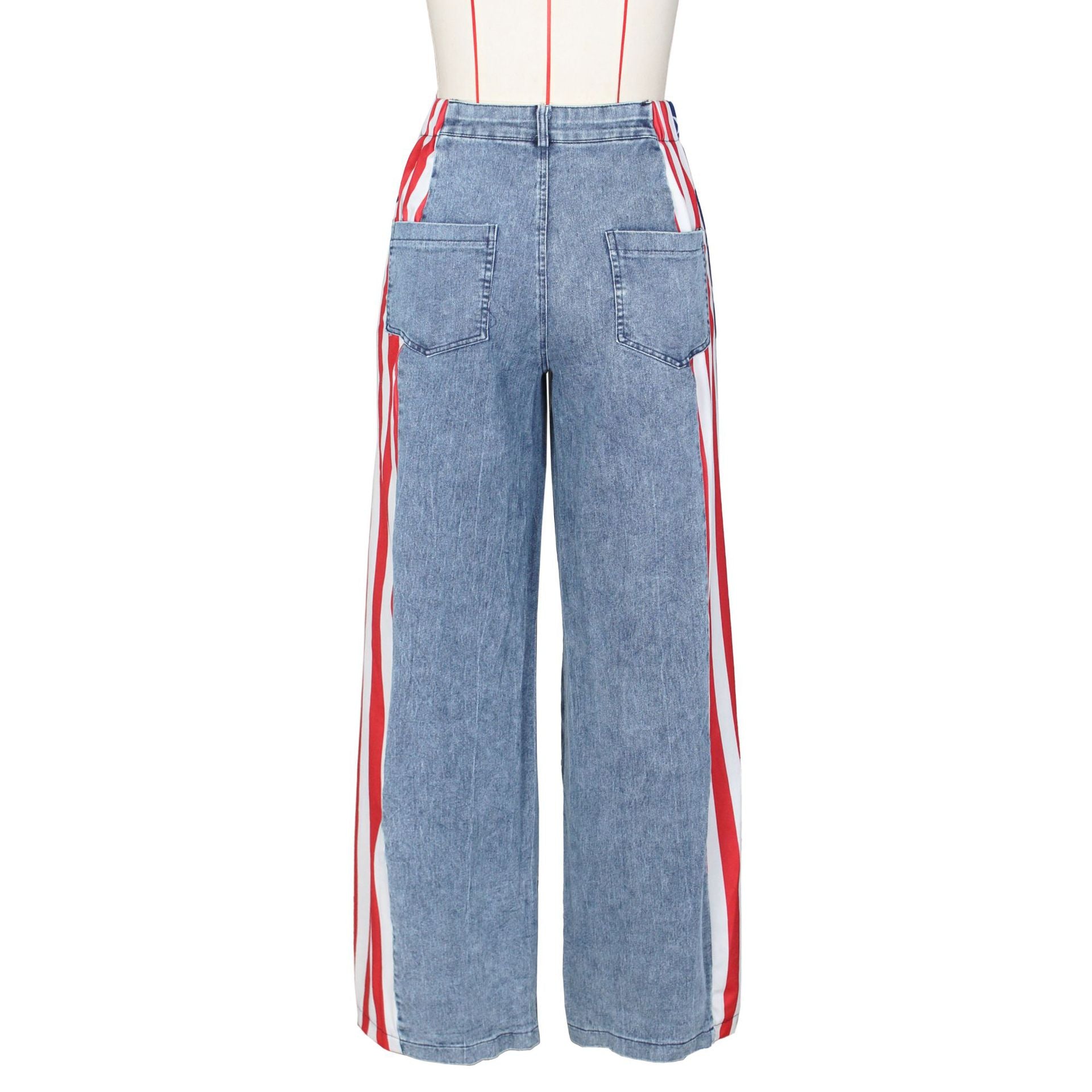 Women American Flag Printed Elastic Wide Leg Denim Pants 9