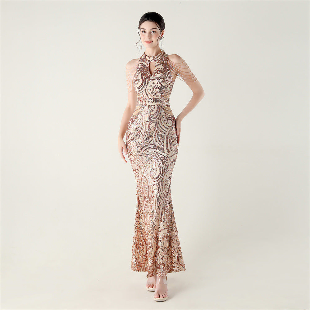 Women beaded chain shoulder sequin halter neck formal party evening dress 4