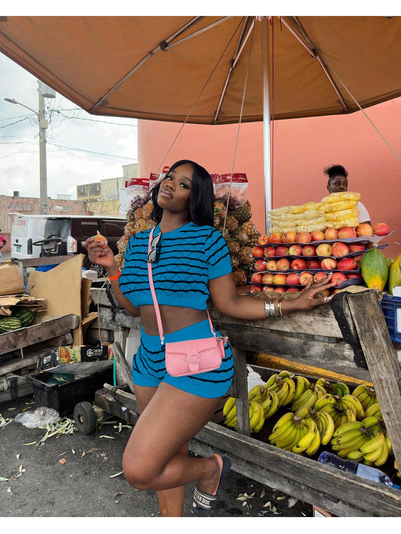 Women Casual Sweater Striped Top and Shorts Two-piece Set 4