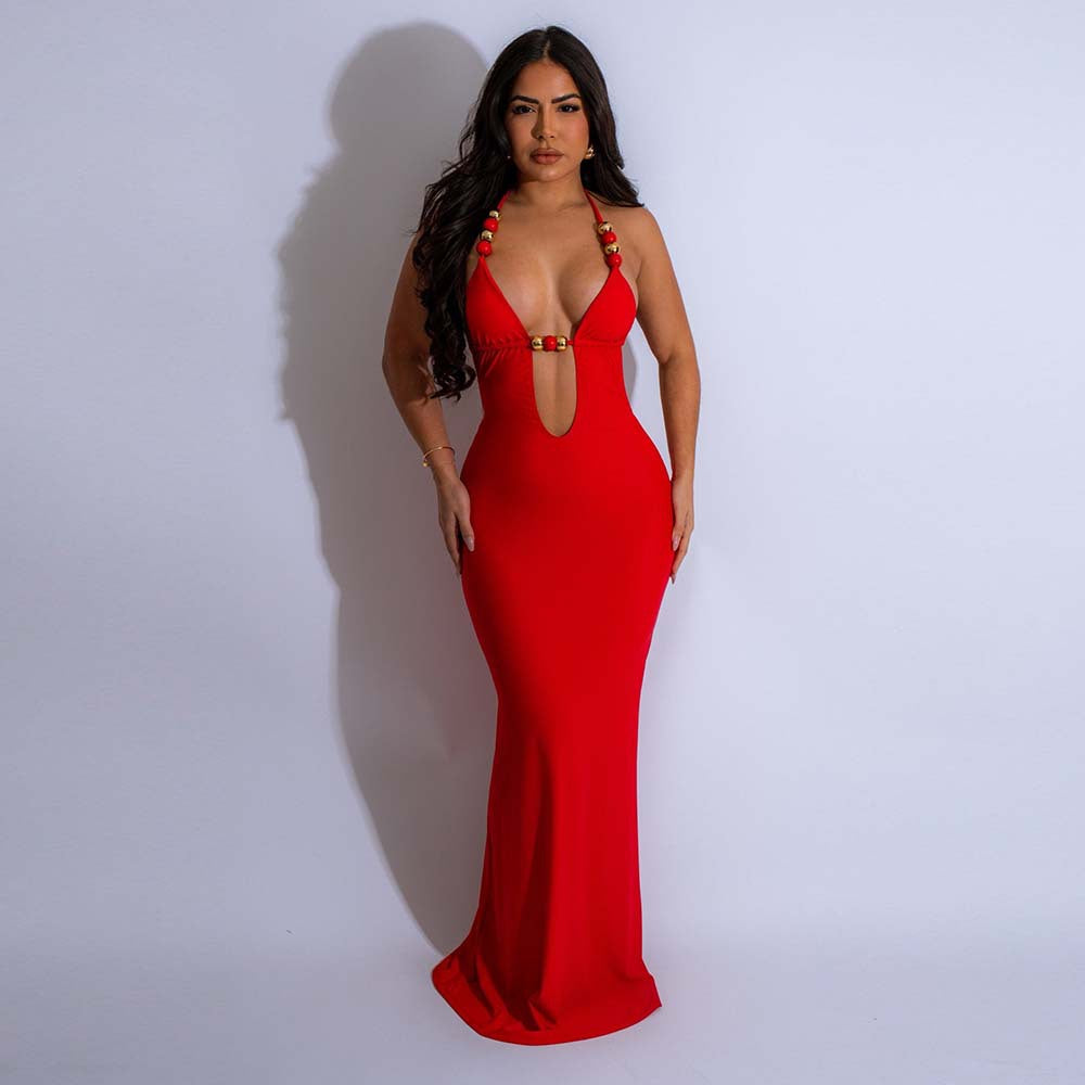 Women sexy V Neck beaded evening Lace-Up dress 7