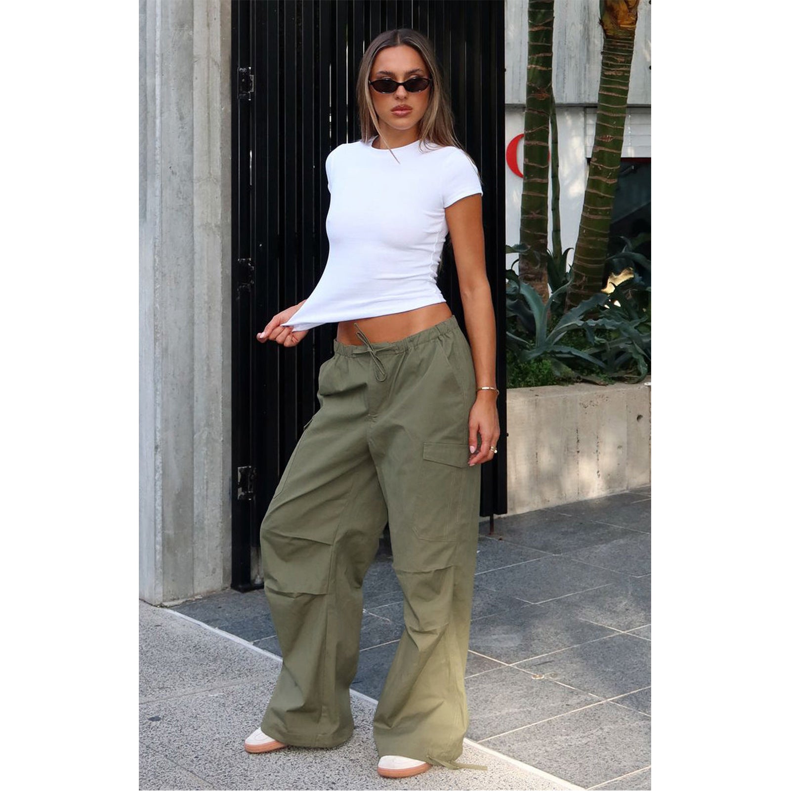 Women's Comfortable Loose Lace-Up Multi-Pocket Straight Cargo Casual Pants 8