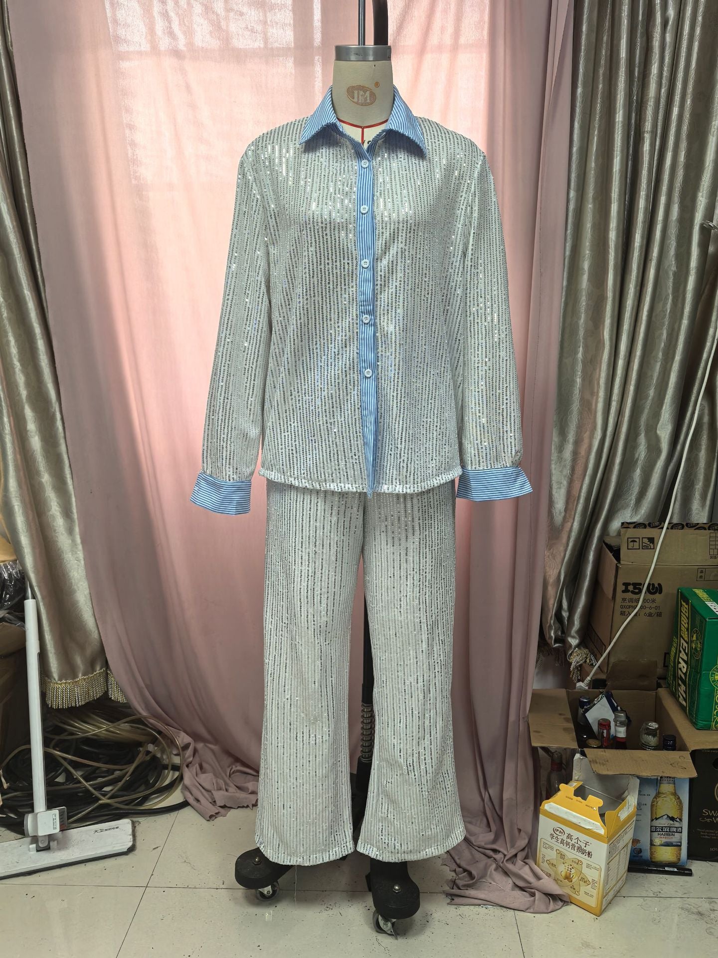 Women Casual Sequin Blazer and Wide-Leg Pants Two-Piece Set 13