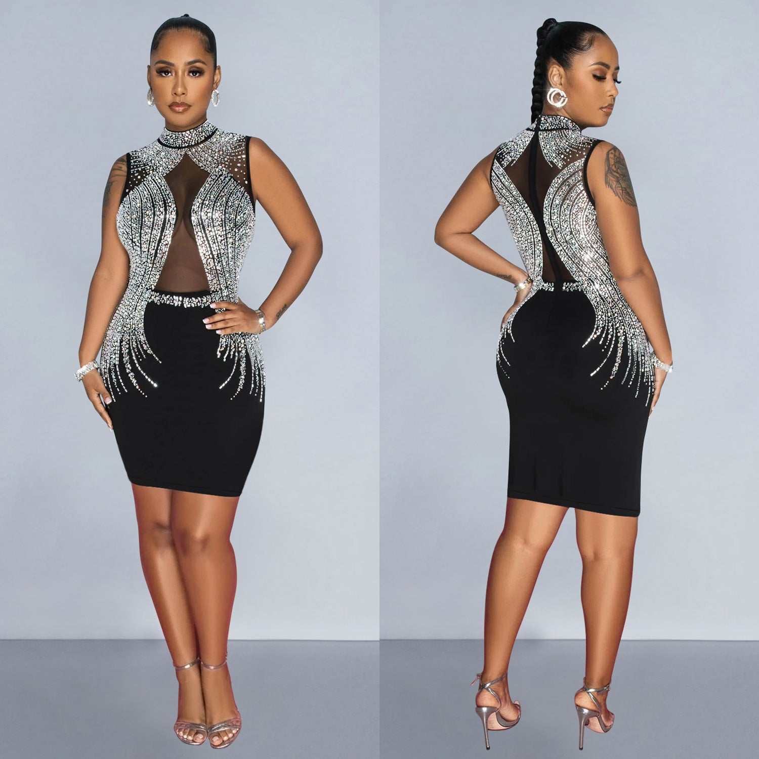 Women Contrast Color Mesh Beaded Bodycon Dress