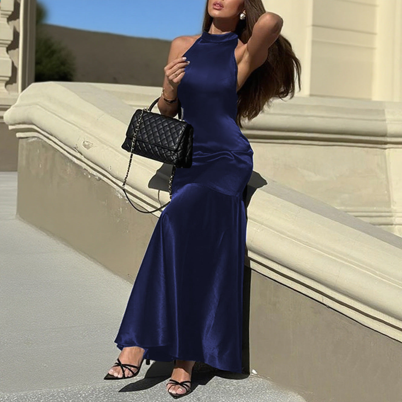 Sexy Halter Neck Low Back Satin Gown Women Chic Long Dress 4