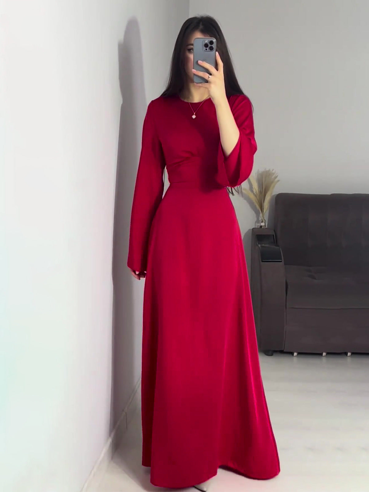 Women Lace-Up Solid Long Sleeve Maxi Dress 11