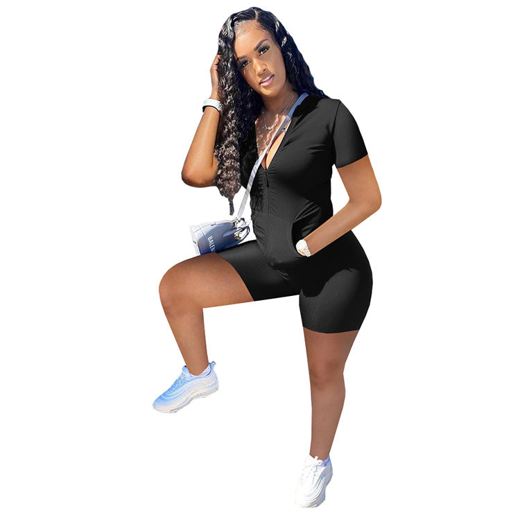 Women Summer Casual Solid Zipper Top and Shorts Two-Piece Set 14