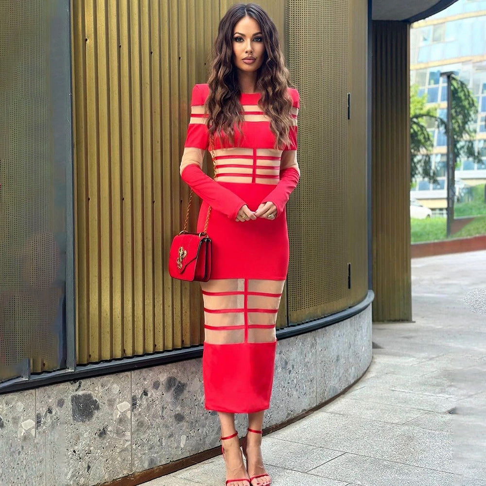 Autumn Winter Fashion Mesh Patchwork See-Through Sexy Chic Slim Long Sleeve Bodycon Long Dress 4