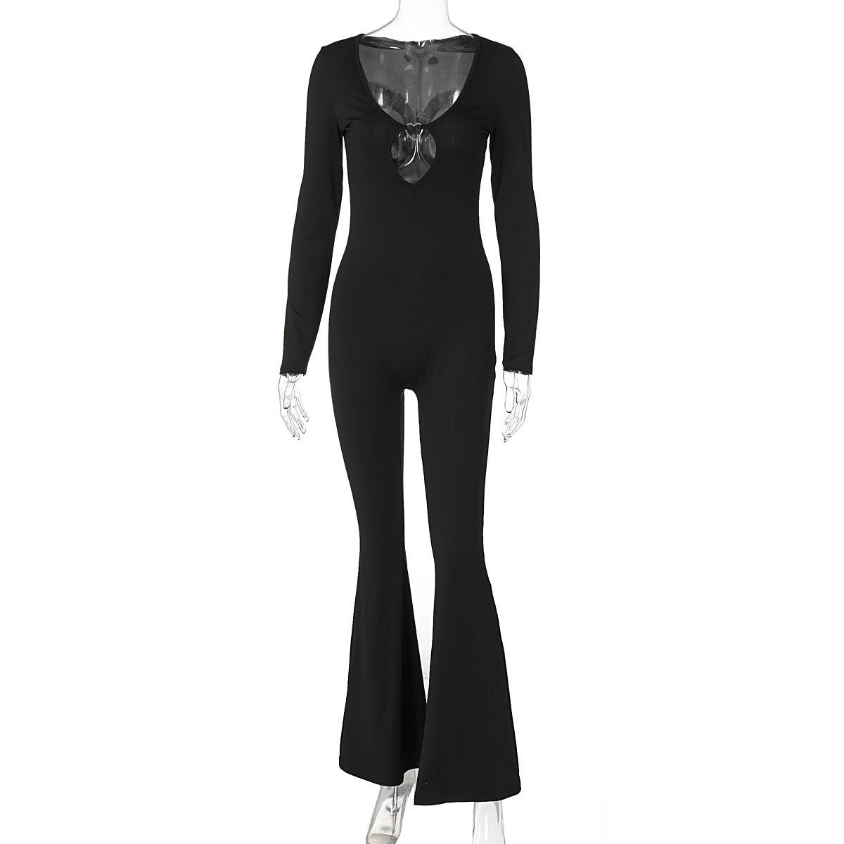 Women Solid long-sleeved v-neck Bell Bottom Jumpsuit 8
