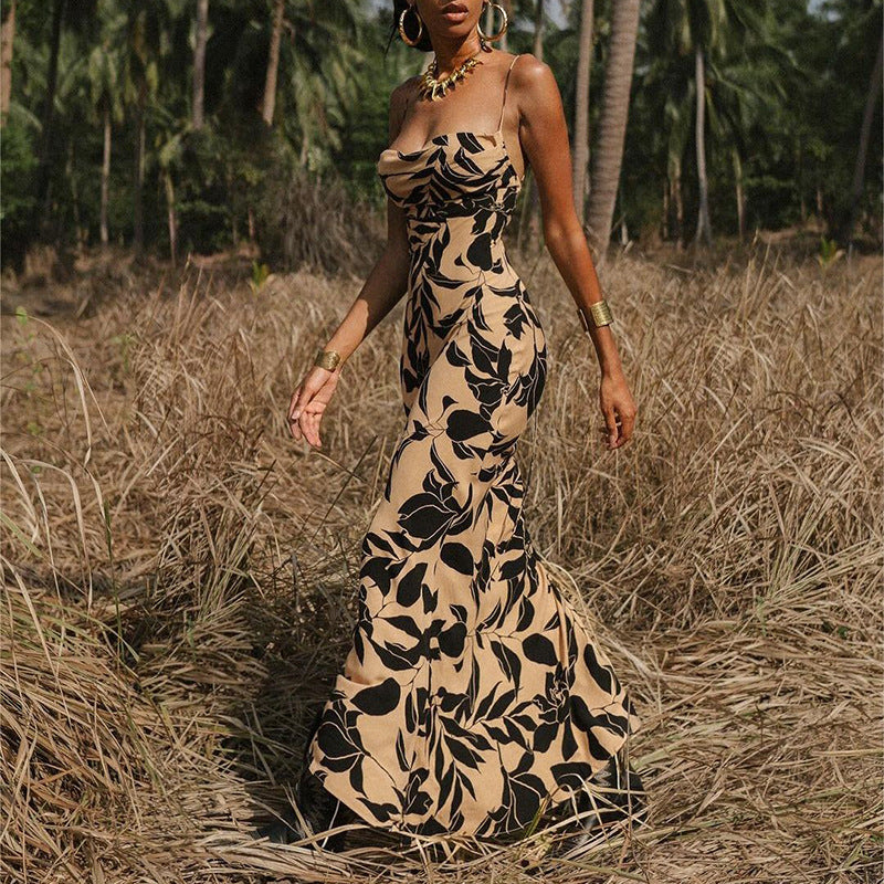 Women Printed Sexy Backless Strap Dress 3