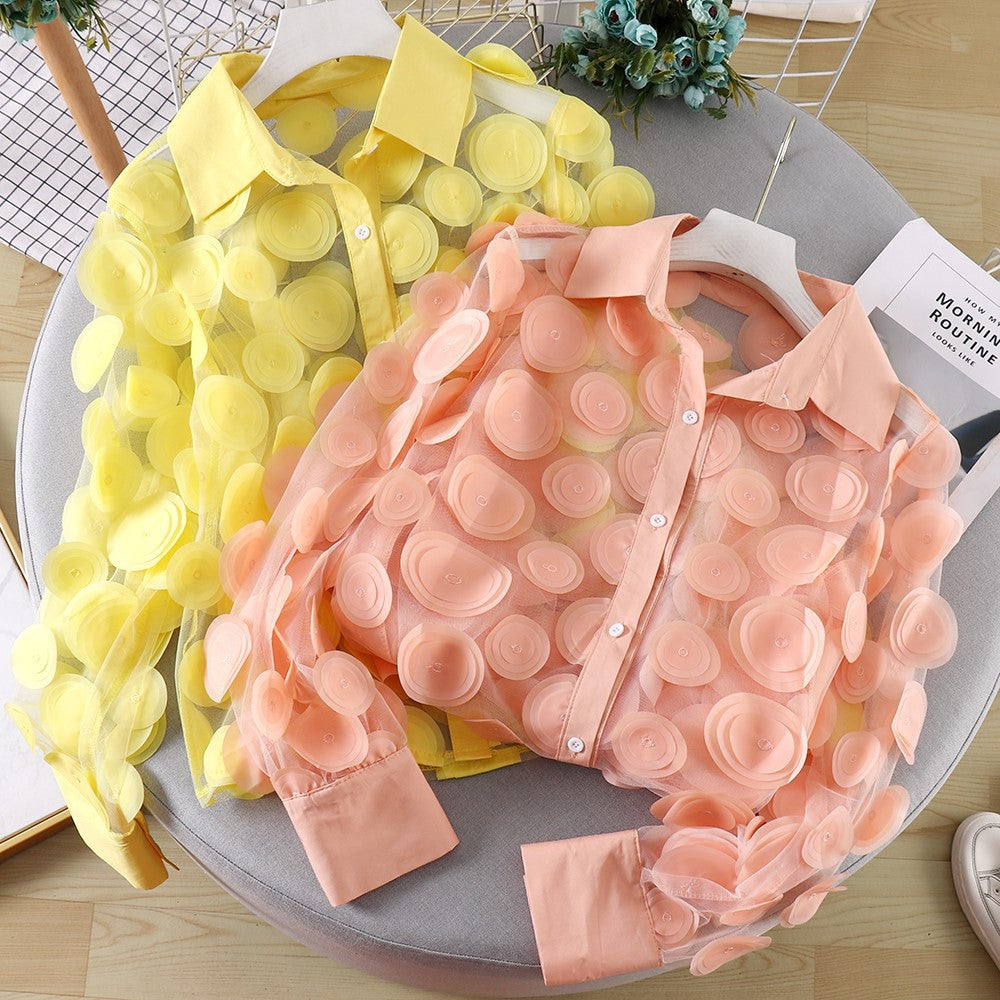 French Palace Style Flower Stage Dress Ladies Chiffon Shirt Hollow Lantern Sleeve Trendy Mesh Shirt Women 9