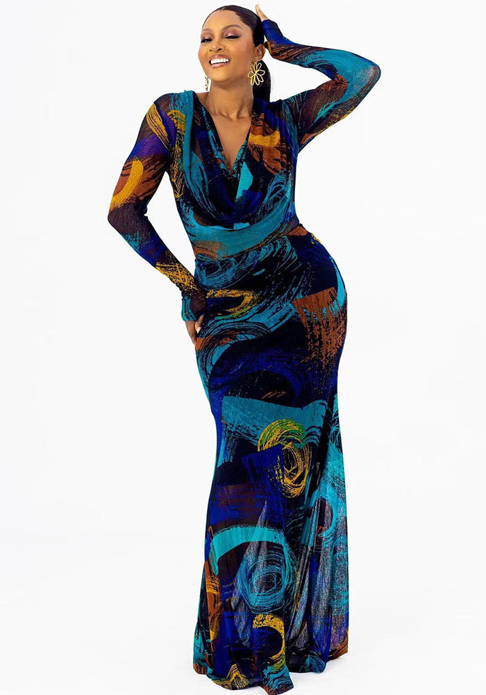 Women Printed Long Sleeve Bodycon Dress