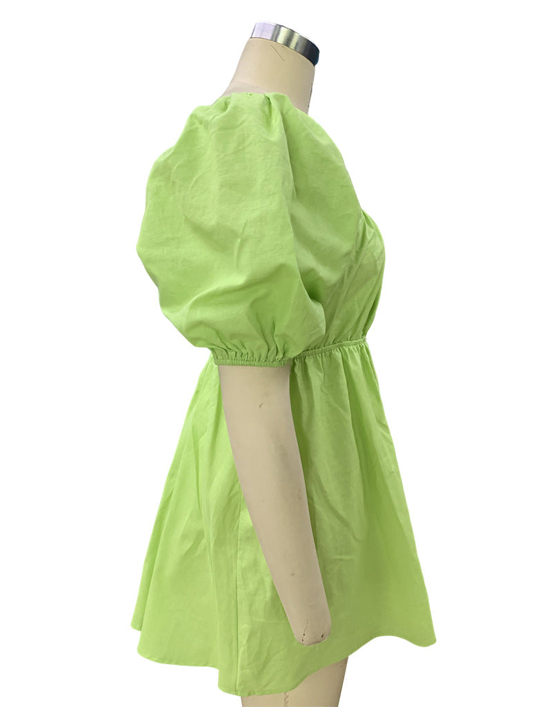 Spring Women's Fashion Square Neck Puff Sleeve Linen Dress 8