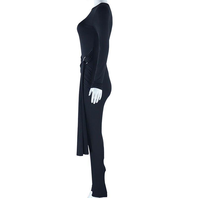 Women Solid Color One-Piece Lace-Up Round Neck Long Sleeve Tight Fitting Fitness Jumpsuit 12