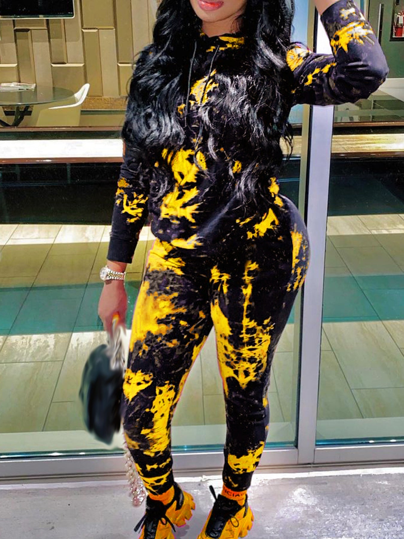 Women Fall/Winter Tie-Dye Hooded Top and Pant Two-Piece Set 3